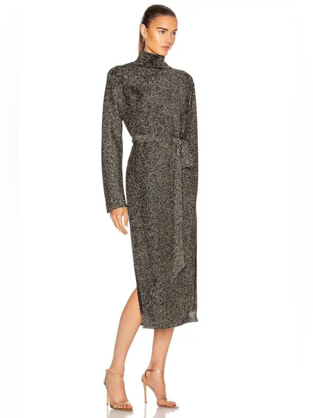 NANUSHKA Canaan Metallic Long Sleeve Tie Waist High Beck Dress NWT Small
